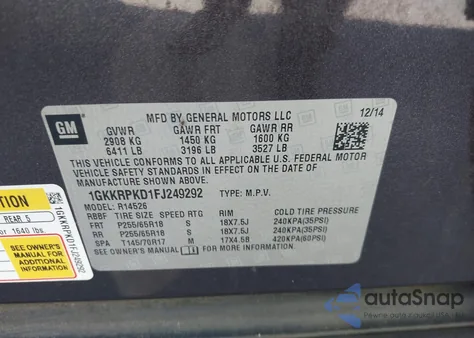 2015 GMC Acadia Sle-2 from USA, damaged, VIN 1GKKRPKD1FJ249292